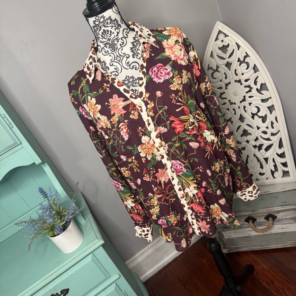 Maurices Boho Floral Cheetah Button Down Blouse Size XXL Retro
